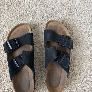 Birkenstock Women Arizona Black Suede Double-Buckle Slide Sandals